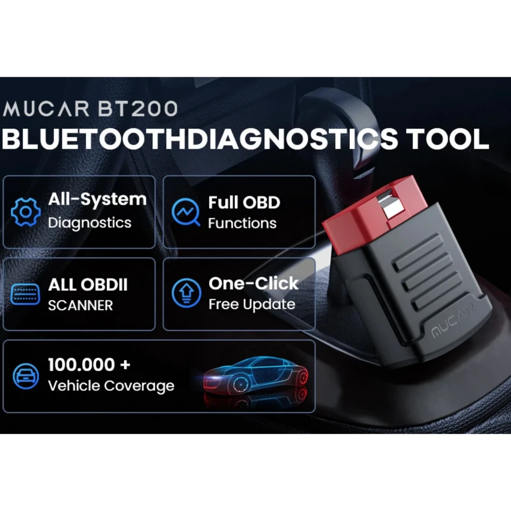 Mucar BT200 Escáner de Diagnosis OBD2 Multimarca, compacto con conector rojo y cuerpo negro, indicador LED, puerto OBD2 y diseño antideslizante para