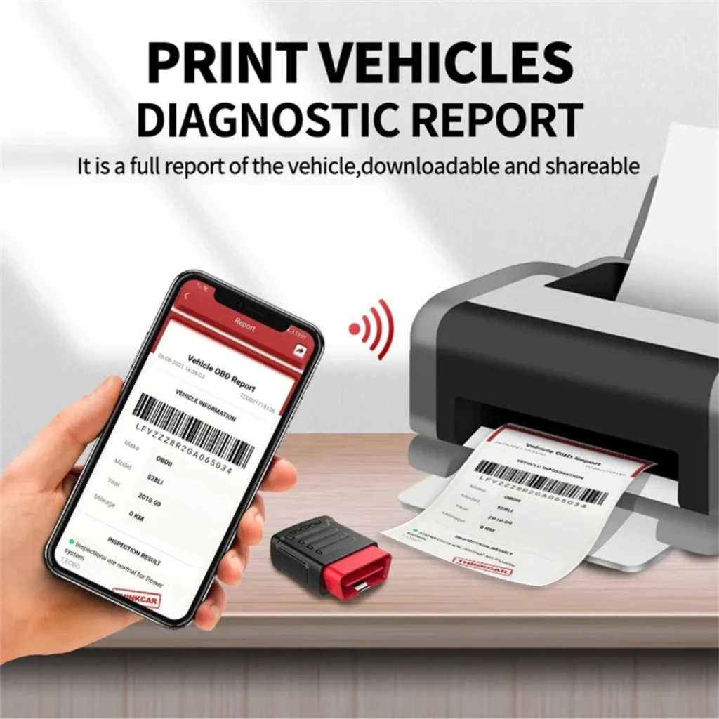 Mucar BT200 Escáner de Diagnosis OBD2 Multimarca con adaptador compacto rojo y negro, muestra reporte OBD en smartphone y permite imprimirlo por WiFi