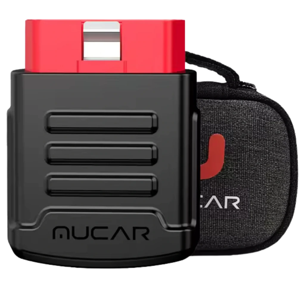 Mucar BT200 scanner OBD2 multimarque compact noir et rouge, boîtier strié avec connecteur OBD et étui textile zippé gris avec logo rouge