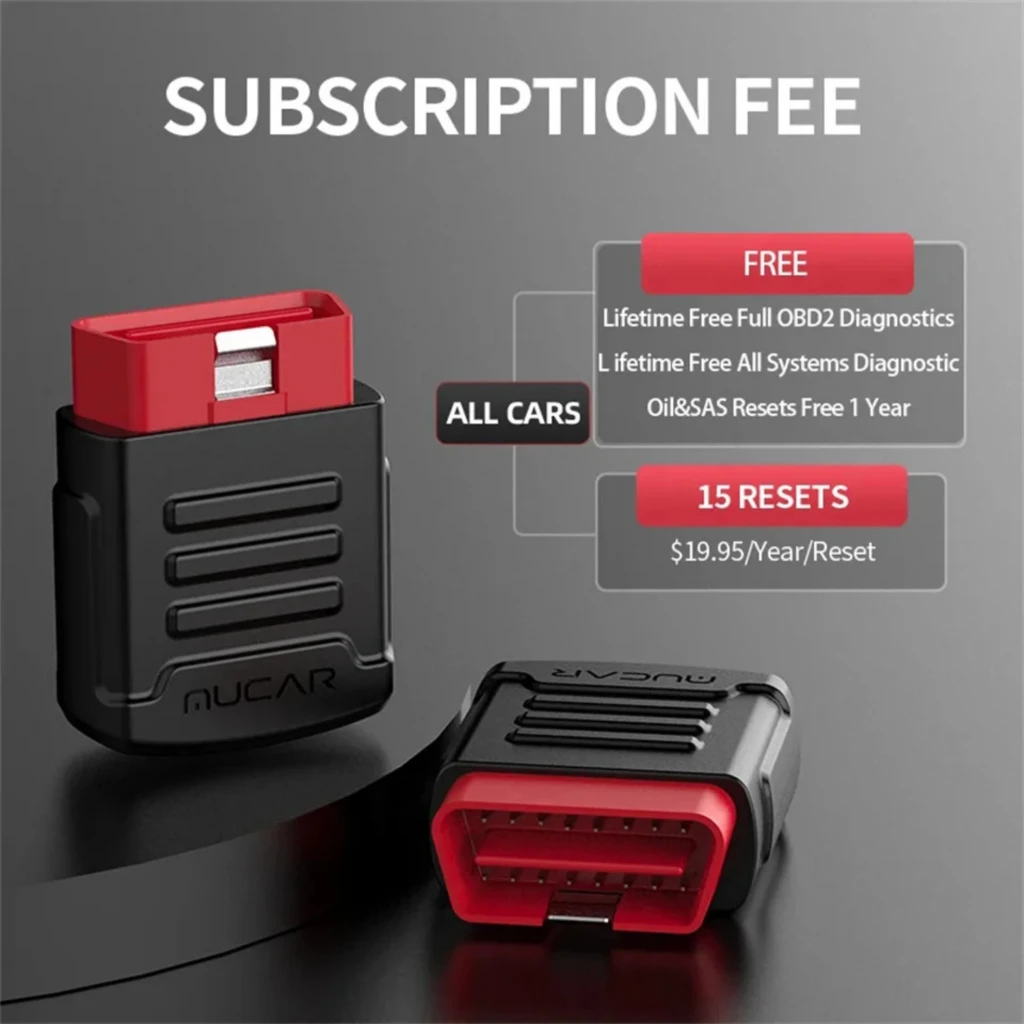 Mucar BT200 Escáner de Diagnosis OBD2 Multimarca compacto en negro y rojo, conector OBD2 de 16 pines, diseño robusto con ranuras y tapa protectora