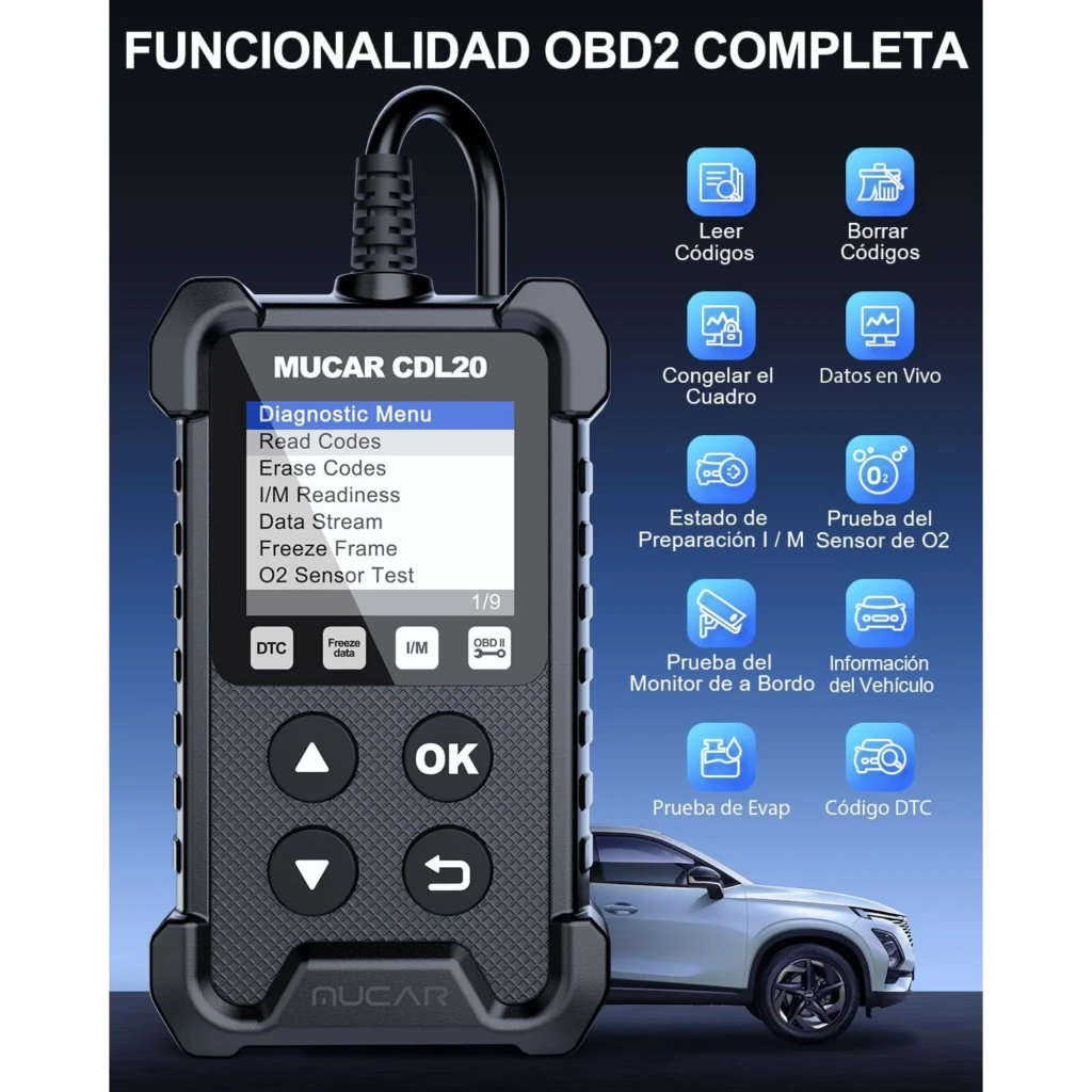 MUCAR CDL20 Escáner Diagnóstico OBD2 con pantalla, botones OK y flechas, carcasa robusta antideslizante, cable integrado y funciones OBD2 destacadas en iconos