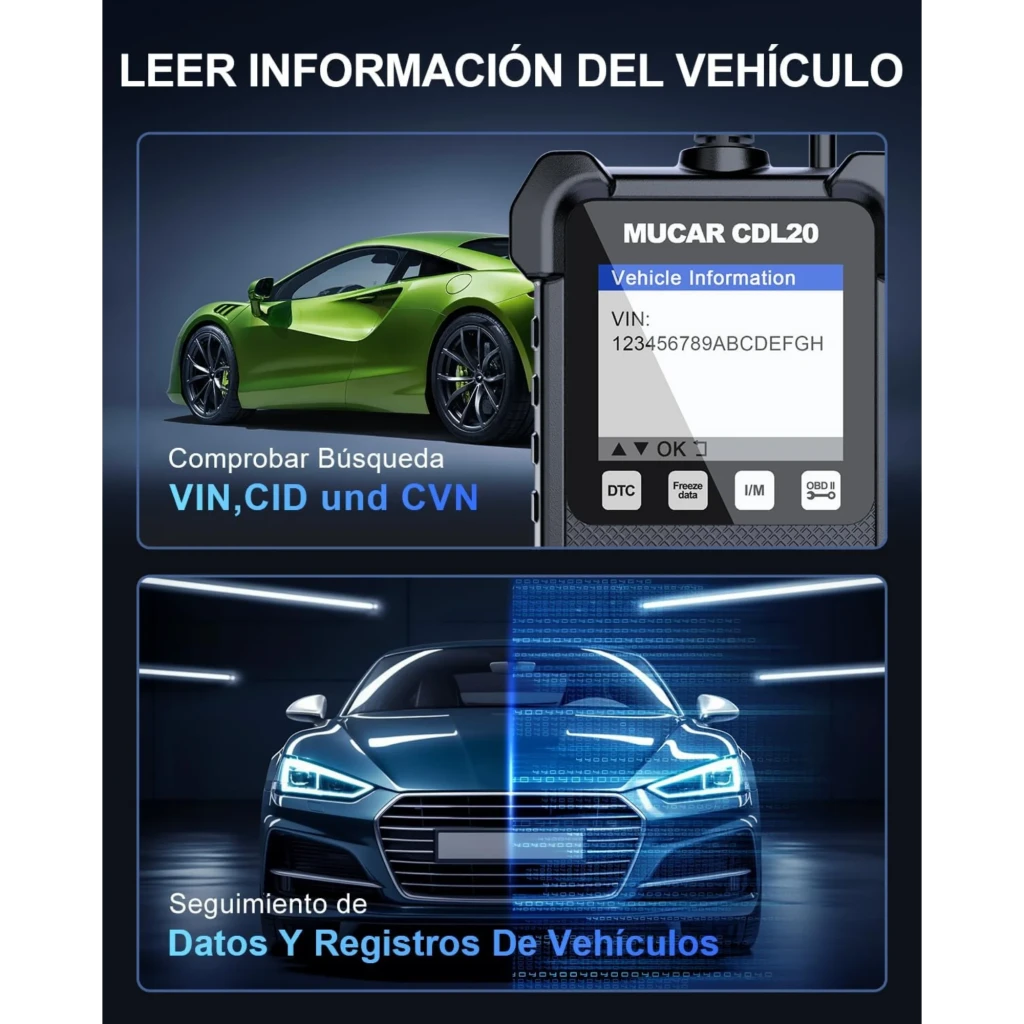 MUCAR CDL20 Escáner OBD2: pantalla a color con menús DTC, I/M, O2; muestra VIN, CID y CVN; gráficos de datos y registros del vehículo con autos deportivos