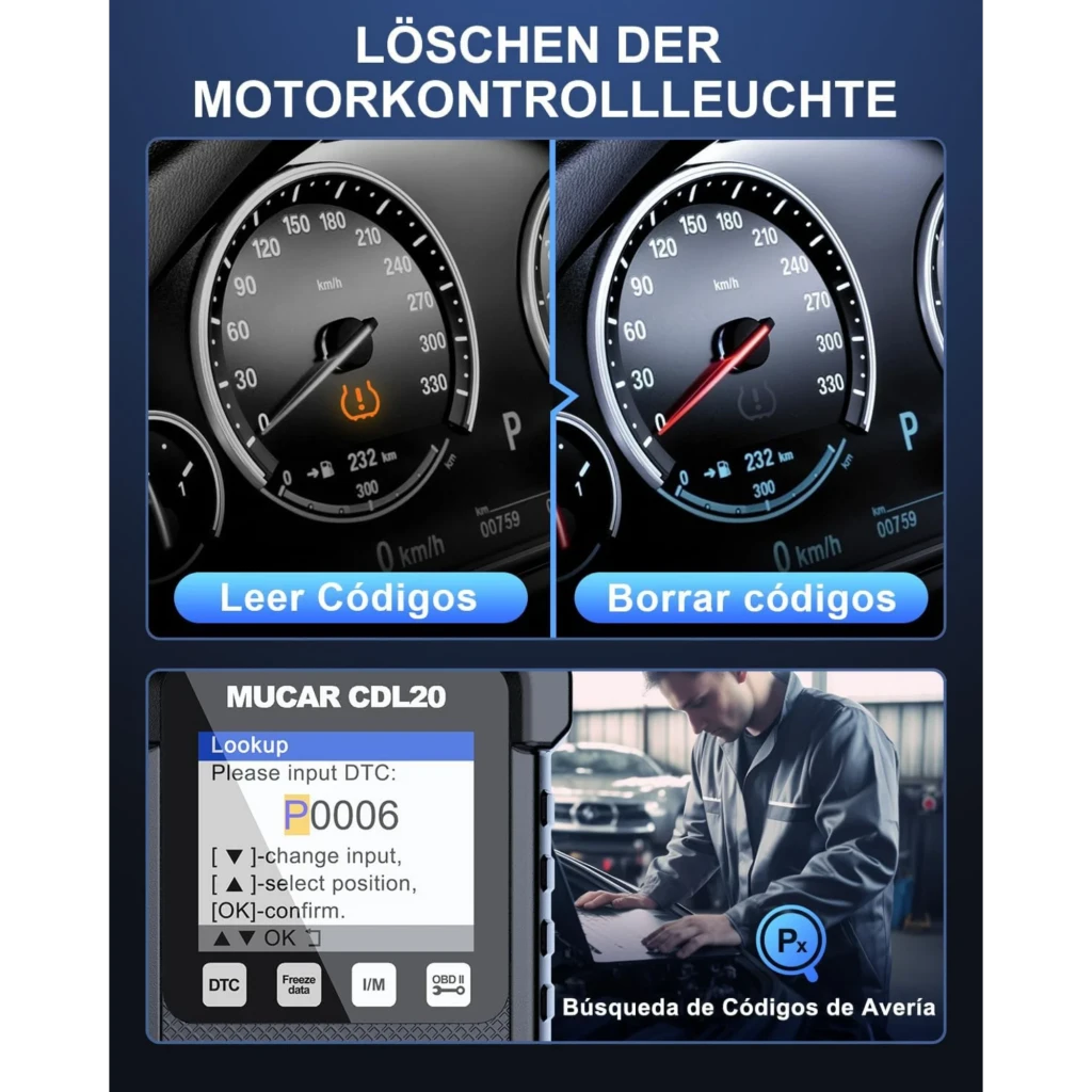 MUCAR CDL20 Escáner Diagnóstico OBD2 Multimarca con pantalla LCD, botones DTC/Erase/IM, muestra códigos como P0006 y funciones para borrar códigos de
