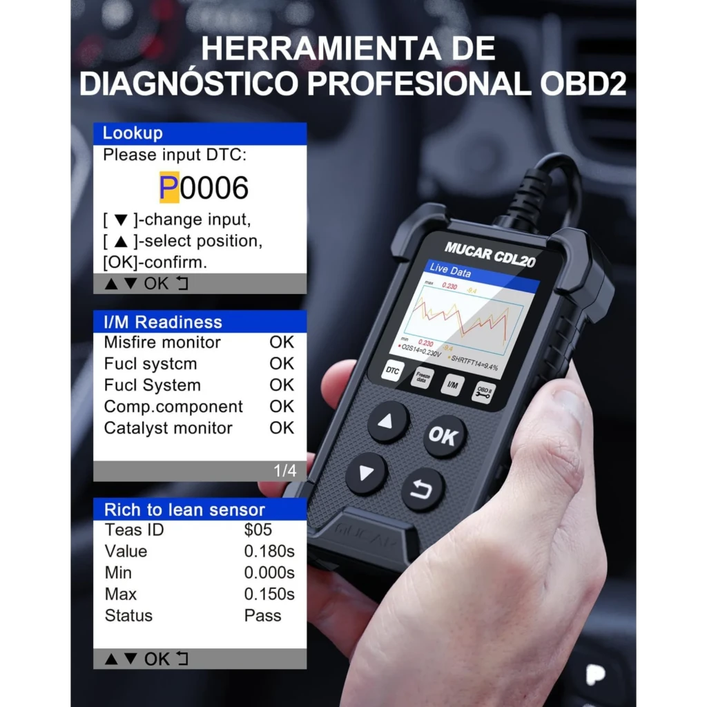 MUCAR CDL20 Escáner Diagnóstico OBD2 Multimarca portátil con pantalla a color, botones físicos, gráfico en vivo, carcasa robusta y cable OBD integrado