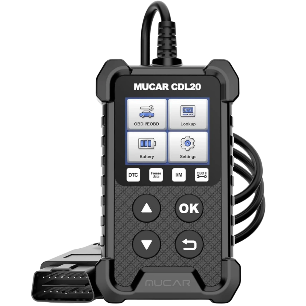 MUCAR CDL20 Scanner de diagnostic OBD2 multimarque avec écran couleur, boutons physiques OK et navigation, câble OBD intégré et boîtier robuste antichoc