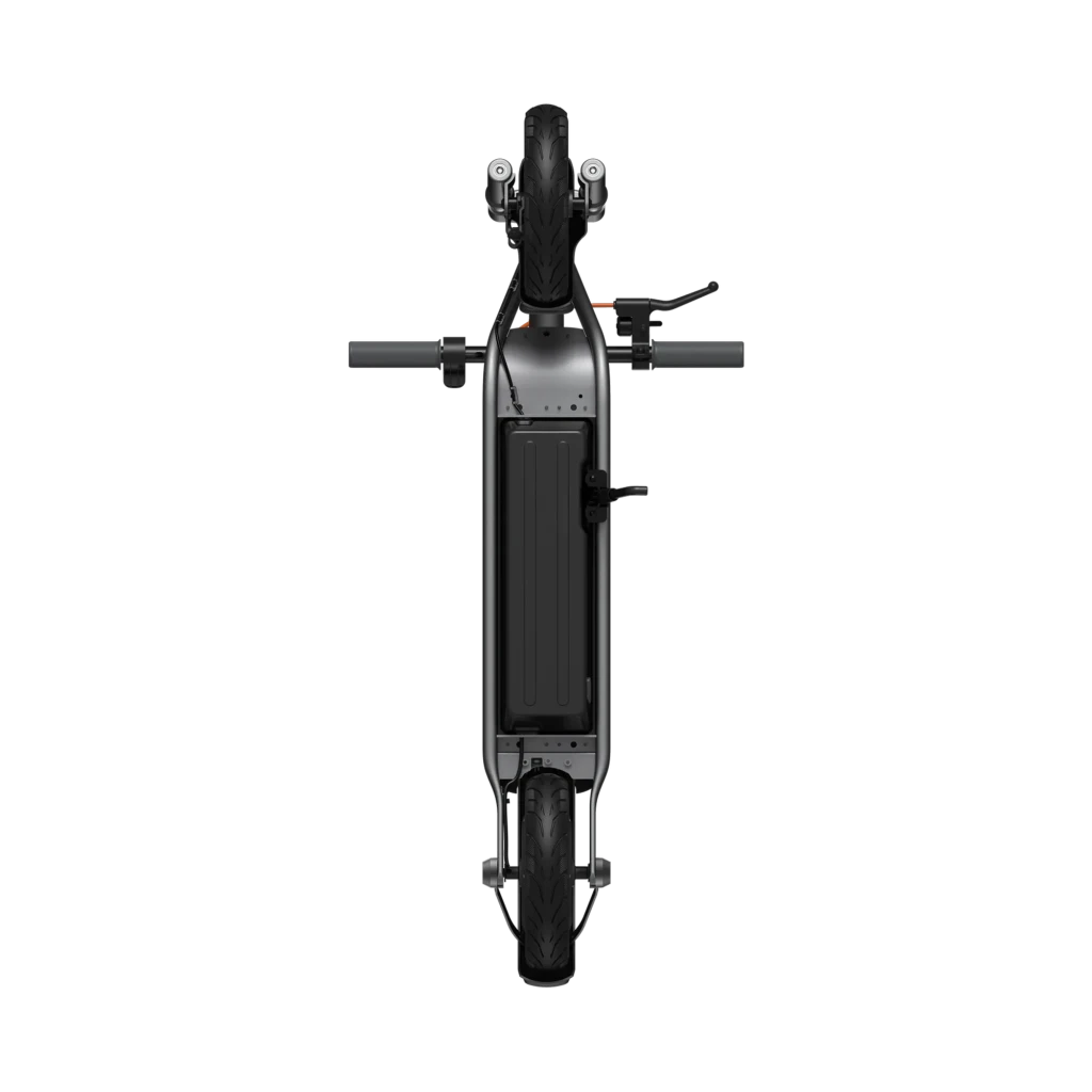 Xiaomi Electric Scooter 6 Lite visto desde arriba, chasis gris con plataforma amplia, neumáticos 10 pulgadas, manillar recto y caballete lateral