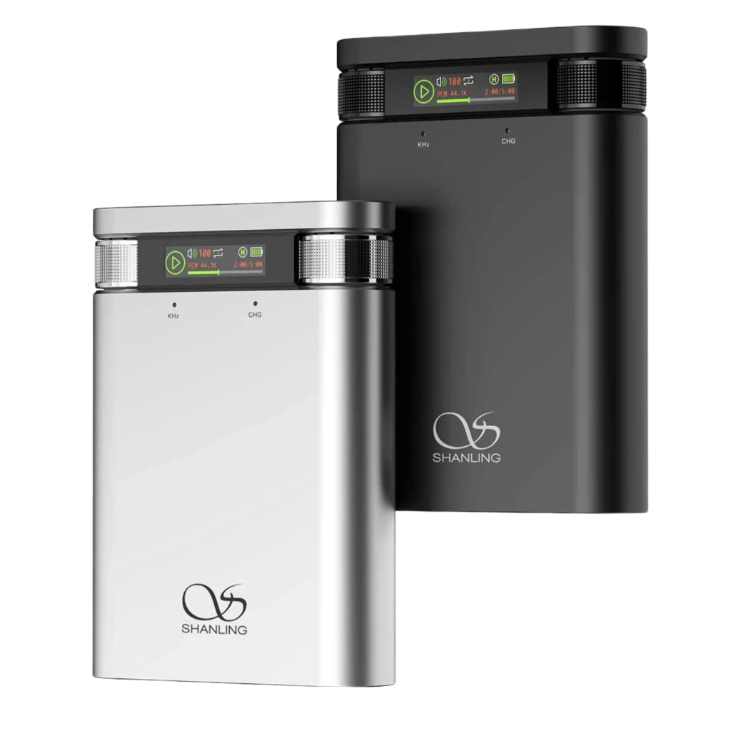 Shanling H2 DAC/Amplificador portátil en negro y plata, pantalla a color, perillas laterales texturizadas, cuerpo metálico, puertos balanceados USB-C