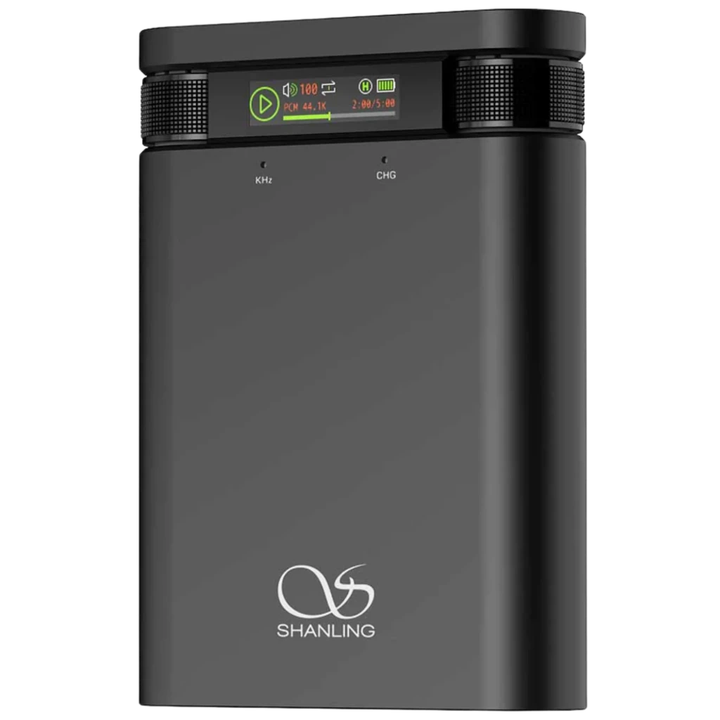 Shanling H2 DAC/Amplificador portátil negro con pantalla a color, rueda de control, USB-C y diseño balanceado compacto con logo frontal SV