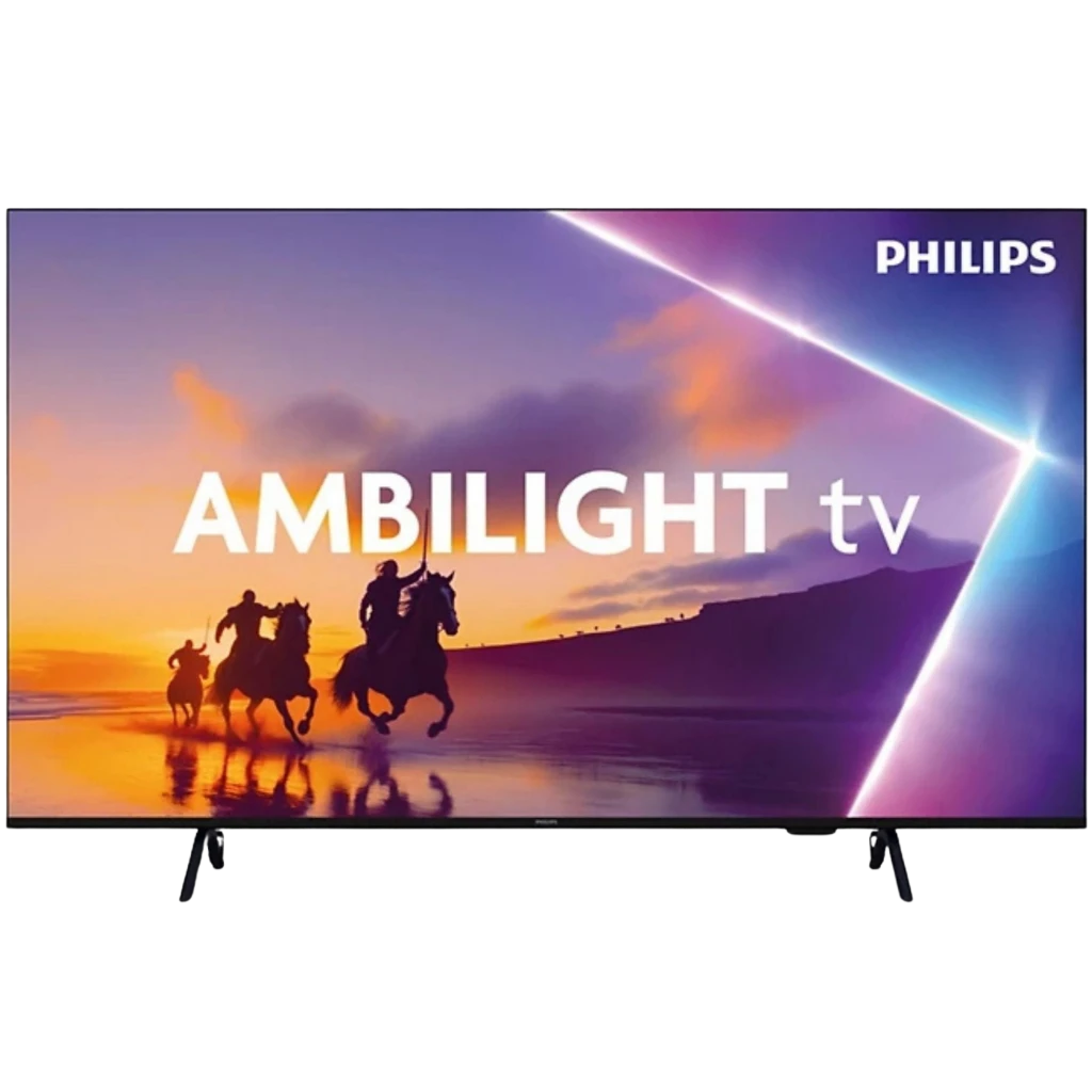 Philips 43PUS8400/12 TV QLED 43 4K preto com Ambilight, moldura fina, pés duplos e tela ampla exibindo cena ao pôr do sol com alto contraste e cores vivas