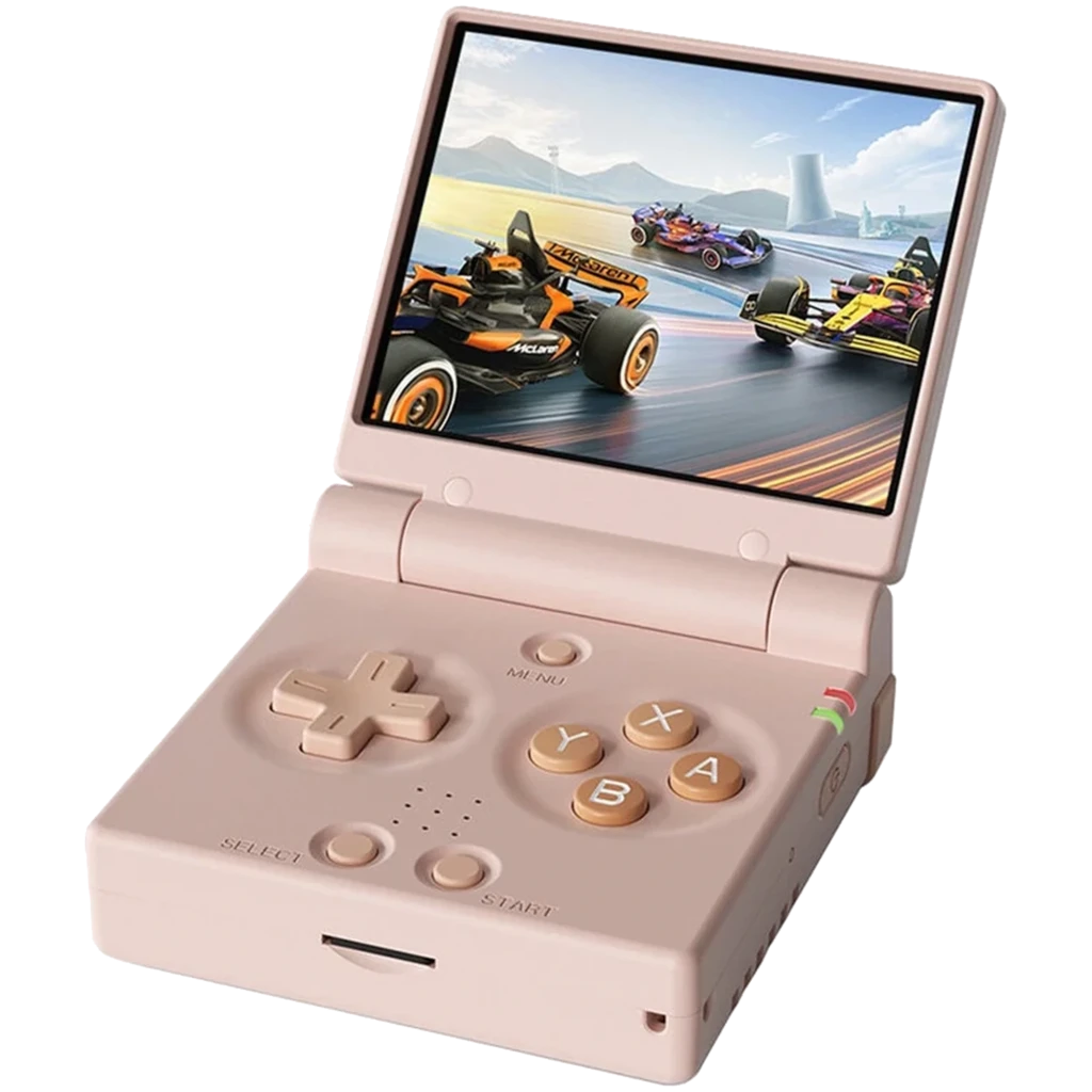 Miyoo Mini Flip Rosa 64 GB WiFi, console retrô portátil tipo flip, tela colorida, botões A B X Y, direcional em cruz, alto-falante frontal e porta microSD