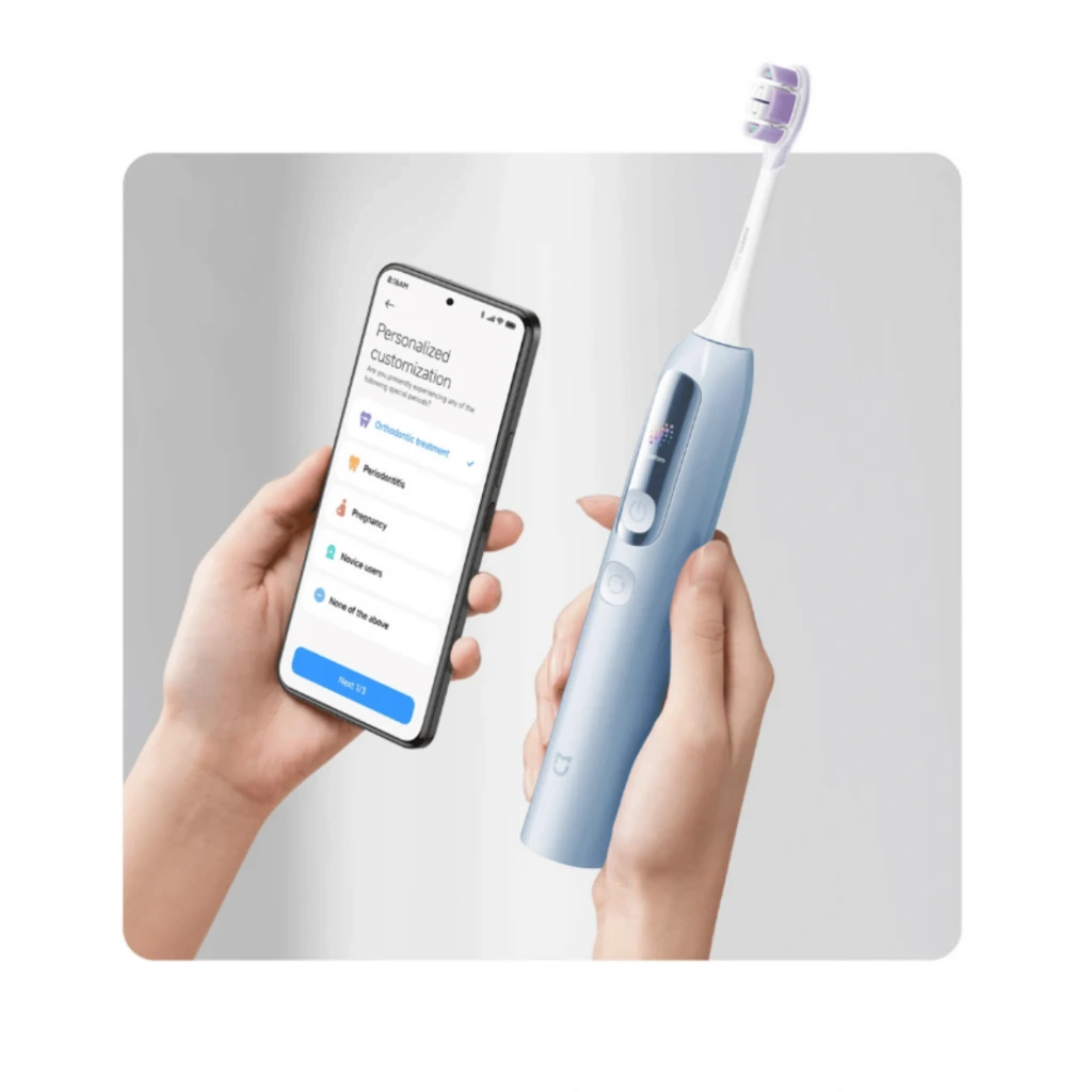 Cepillo Eléctrico Xiaomi Mijia Pro Azul con mango ergonómico, pantalla integrada, cabezal blanco y control por app en smartphone