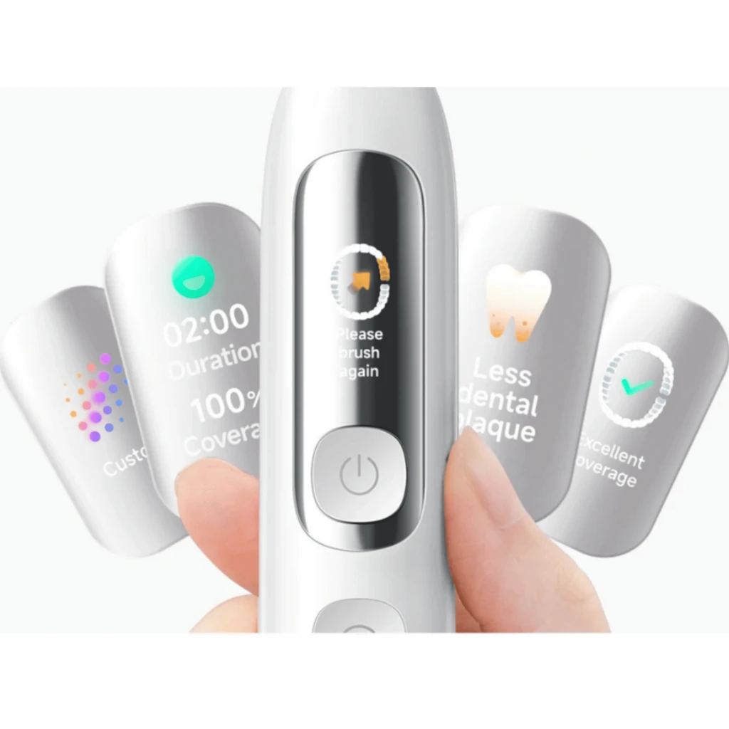Cepillo Eléctrico Xiaomi Mijia Smart Servo-oscillation Electric Toothbrush Pro Azul con pantalla OLED, botón central y tarjetas que muestran duración y