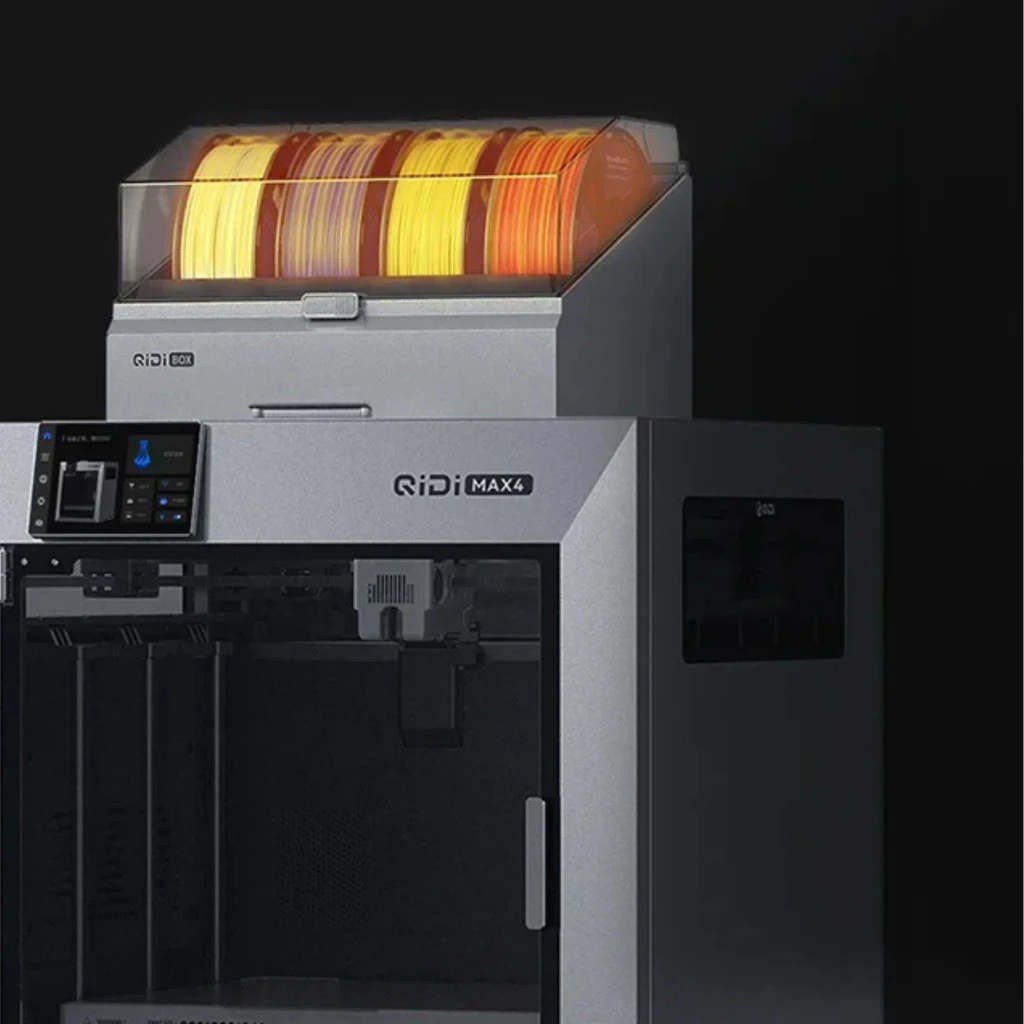 QIDI Tech Max 4 Combo Impresora 3D FDM gris con gran volumen 390 x 390 x 340 mm, panel de control frontal y portabobinas superior con varias bobinas multicolor