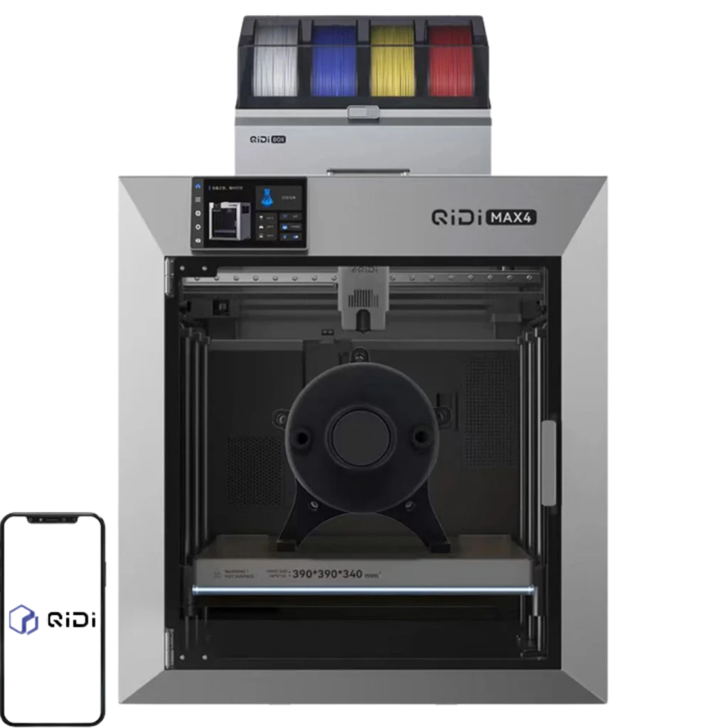 QIDI Tech Max 4 Combo Impresora 3D FDM con carcasa gris, gran volumen 390x390x340 mm, panel táctil, bobinero superior multicolor y conectividad móvil