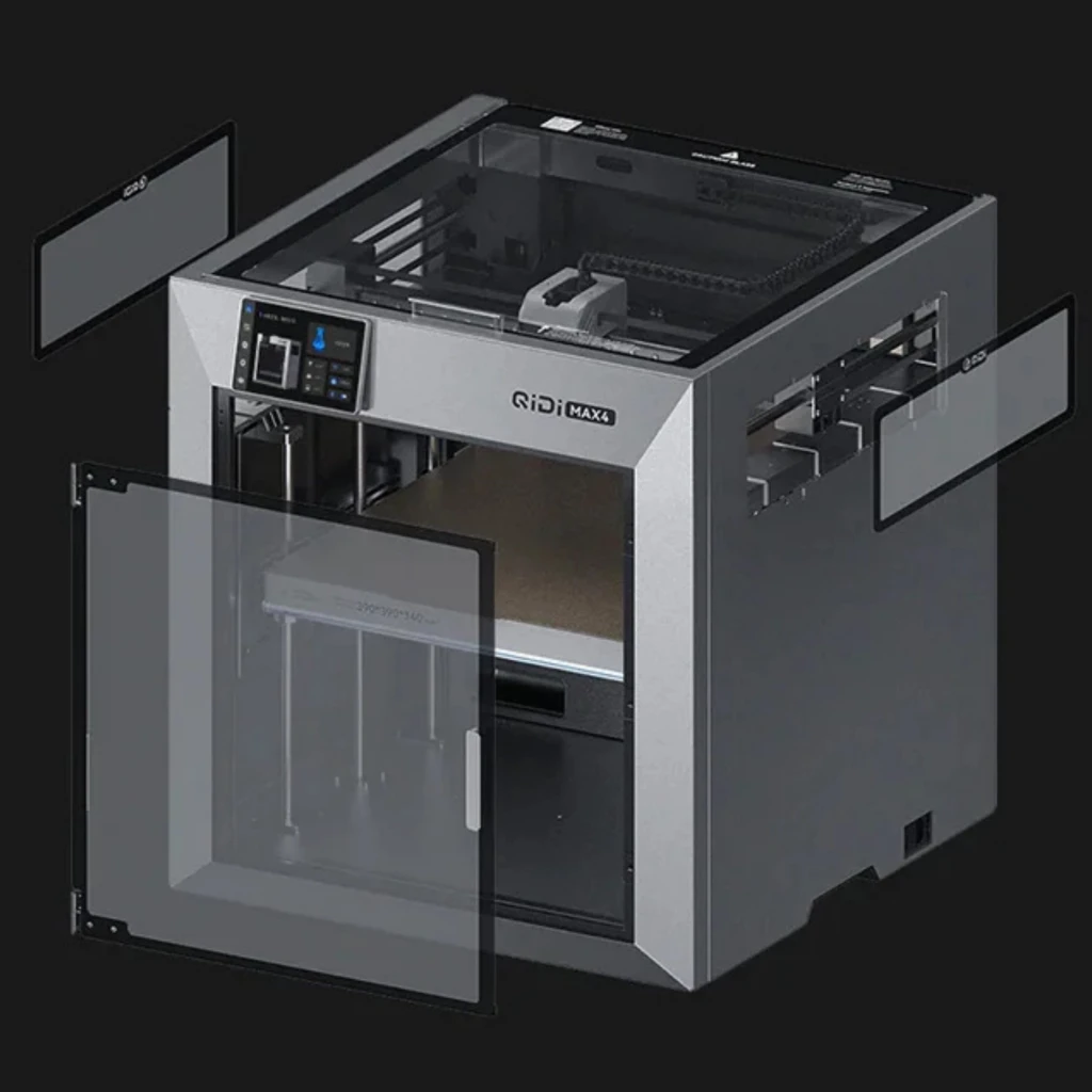 QIDI Max 4 Impresora 3D FDM cerrada, chasis metálico gris, paneles transparentes desmontables, gran volumen 390×390×340 mm y pantalla táctil frontal