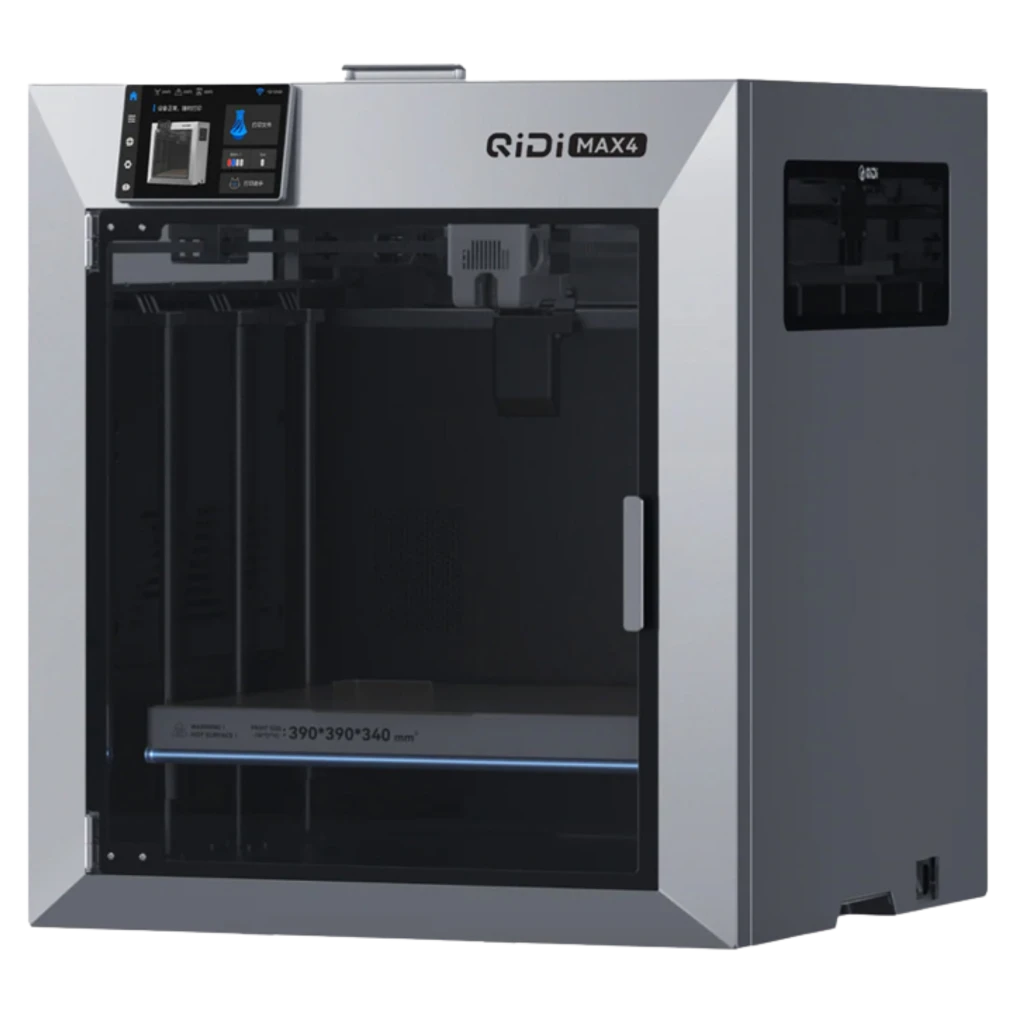 Imprimante 3D FDM QIDI Max 4 grise fermée, grand volume 390×390×340 mm, écran tactile, châssis rigide, porte vitrée, rails linéaires, bobine latérale