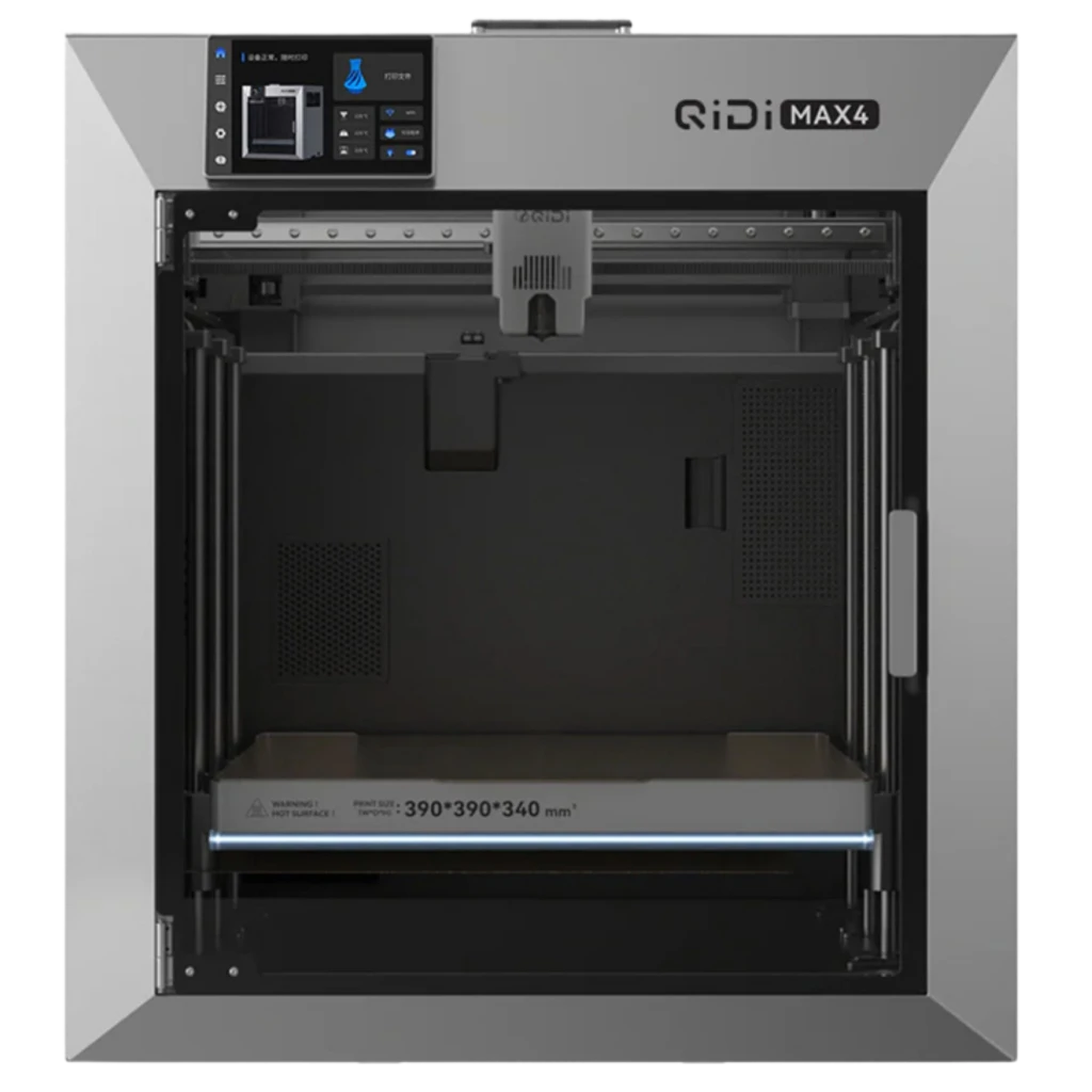 Impresora 3D QIDI Max 4 FDM con gran volumen 390×390×340 mm, panel táctil superior, cámara cerrada metálica y luz frontal; diseño robusto y preciso