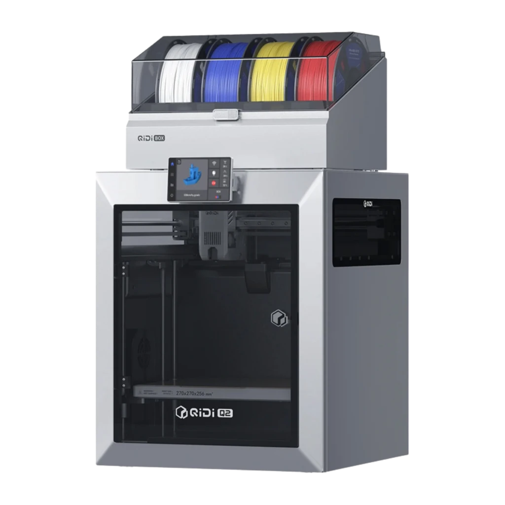 QIDI Tech Q2 Combo impresora 3D FDM gris con gabinete cerrado, panel táctil frontal, visor transparente y alimentador superior con 5 bobinas de filamento