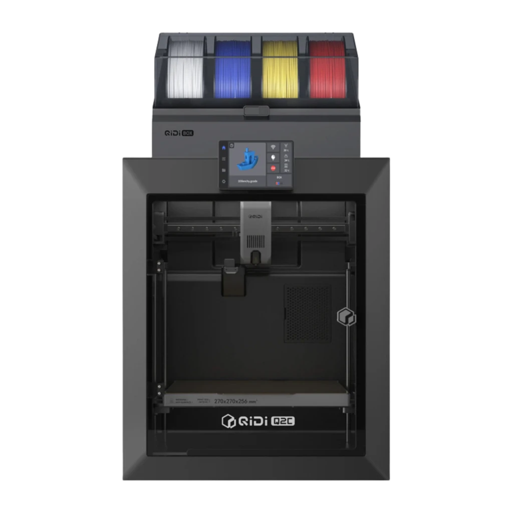 QIDI Tech Q2C Combo impresora 3D FDM con carcasa cerrada, pantalla táctil frontal y módulo superior para 4 bobinas; volumen 270×270×256 mm, hasta 600 mm/s