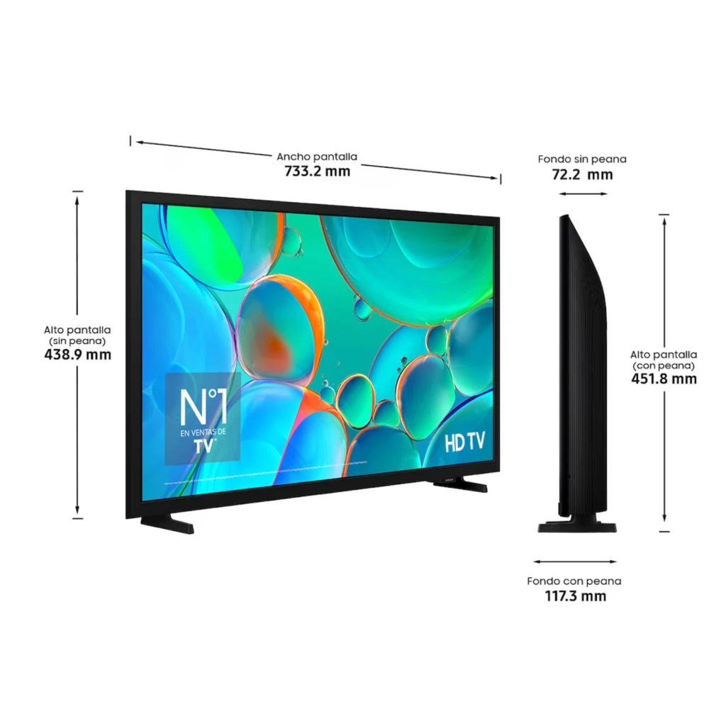 Samsung TU32H5005FK Smart TV 32 HD negra, biseles delgados, soporte doble, perfil delgado 72.2 mm sin peana, conectores traseros, dimensiones detalladas en mm