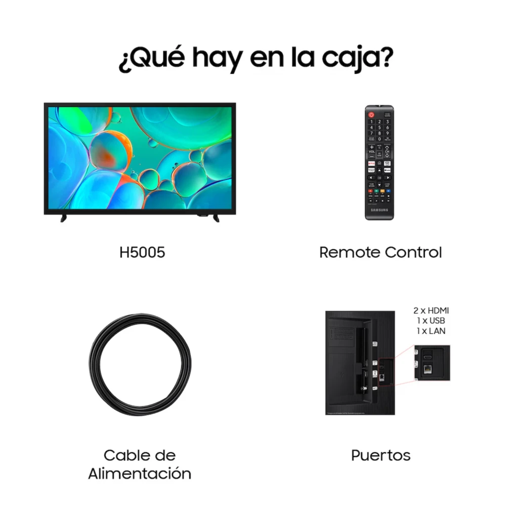 Samsung TU32H5005FK Smart TV 32 HD negro con biseles delgados, control remoto, cable de alimentación y puertos laterales 2 HDMI, 1 USB y 1 LAN