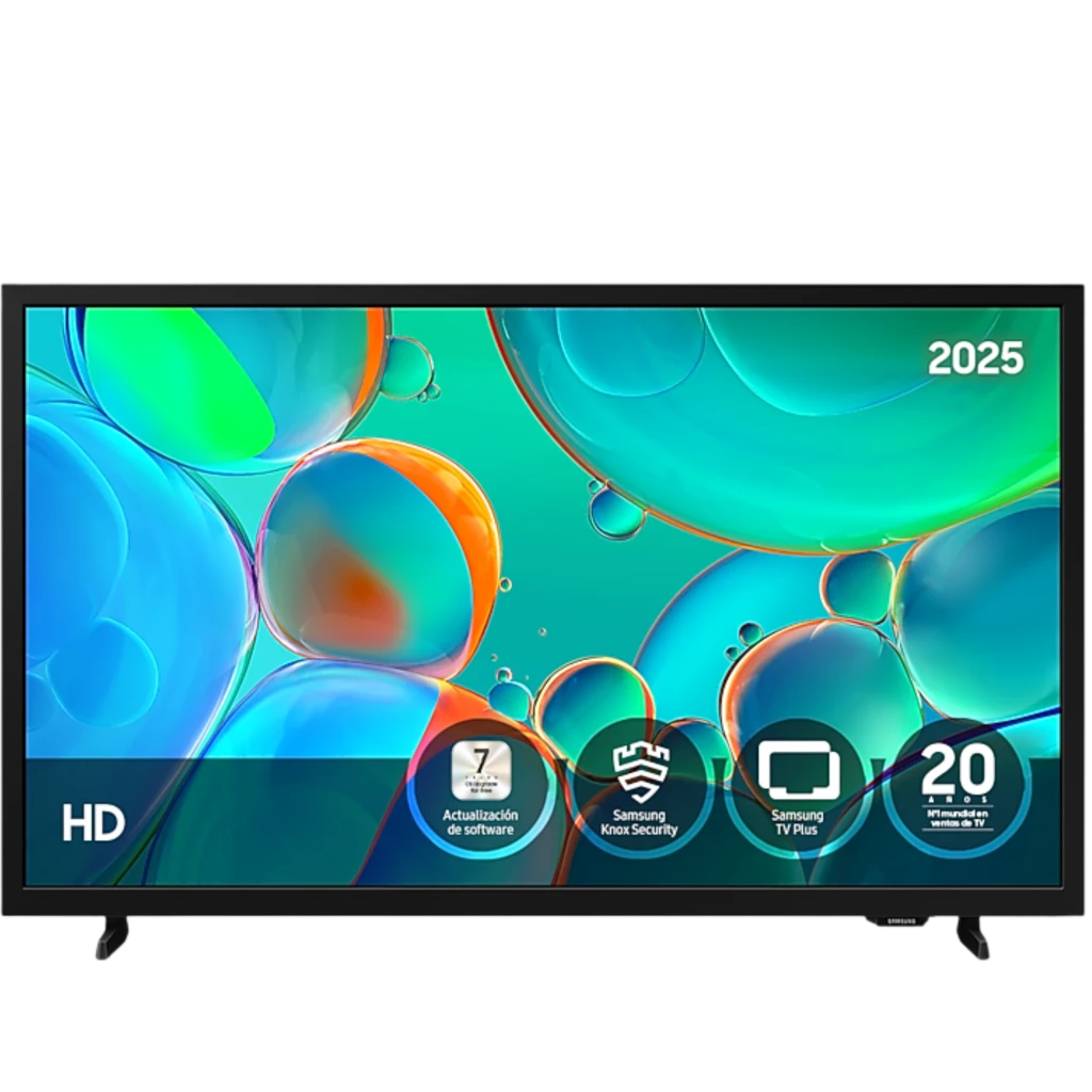 Smart TV Samsung TU32H5005FK 32 pulgadas HD en color negro, marco delgado, patas dobles, pantalla con gráficos coloridos y sellos de funciones 2025 y 20 años