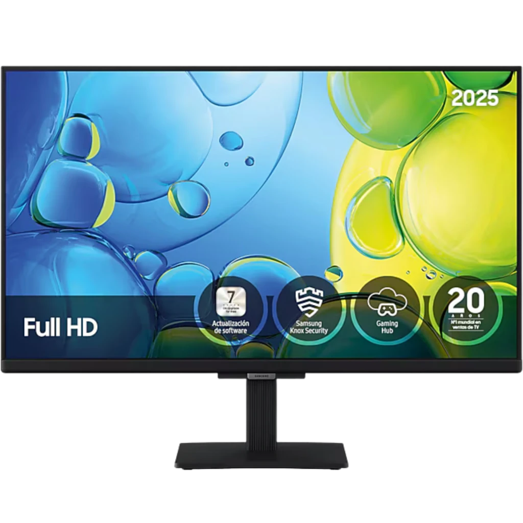 Samsung TU24F6005 Smart TV LED 24 pulgadas Full HD en color negro, pantalla sin bordes en tres lados, soporte central robusto y panel brillante con colores
