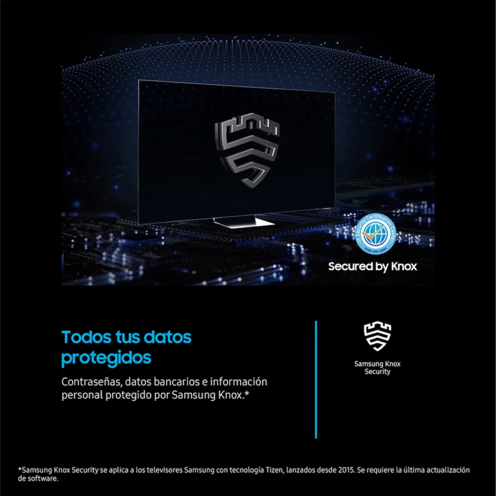 Samsung TU24F6005 Smart TV LED 24 Full HD en negro con borde delgado y base central; pantalla mostrando escudo de seguridad Samsung Knox y sello Secured by Knox