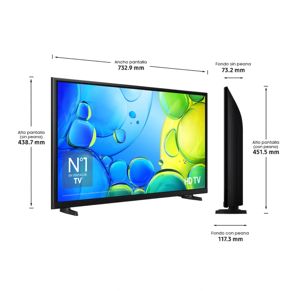 Samsung TU32F6005FK Smart TV 32 Full HD Hyper Real en color negro, biseles delgados, dos patas laterales, panel plano y perfil delgado con puerto trasero