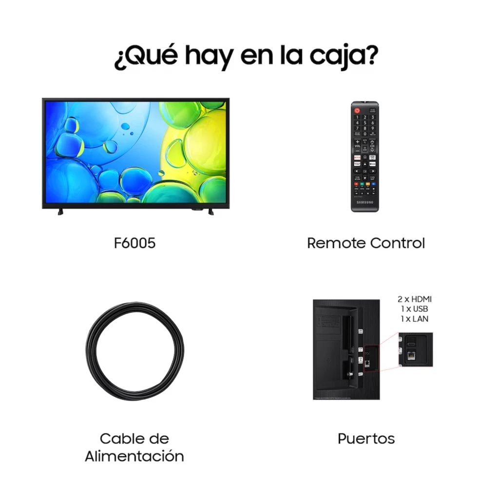 Samsung TU32F6005FK Smart TV 32 Full HD Hyper Real negro con biseles delgados, control remoto, cable de alimentación y puertos 2 HDMI, 1 USB, 1 LAN