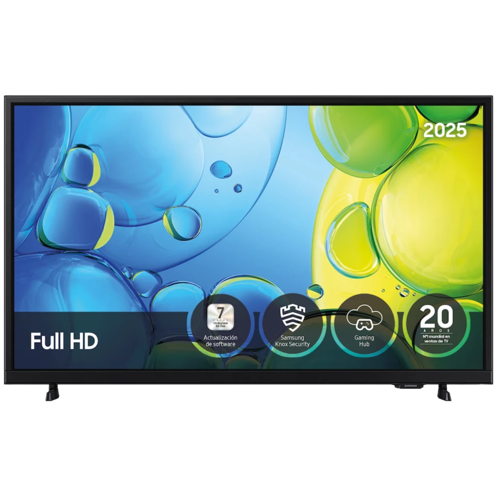 Samsung TU32F6005FK Smart TV 32 pulgadas Full HD, marco negro delgado, pantalla con burbujas color azul y verde, íconos de Gaming Hub y 20 años LED