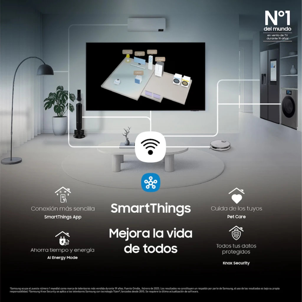 Samsung TU32F6005FK Smart TV 32" Full HD color negro con borde delgado, montado en pared. Interfaz SmartThings al centro y ecosistema conectado del hogar.