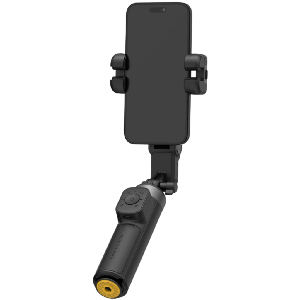 AOCHUAN M3 Pro Mini Gimbal 3 ejes plegable negro con empuñadura ergonómica, control con joystick y soporte para smartphone, diseño compacto y portátil