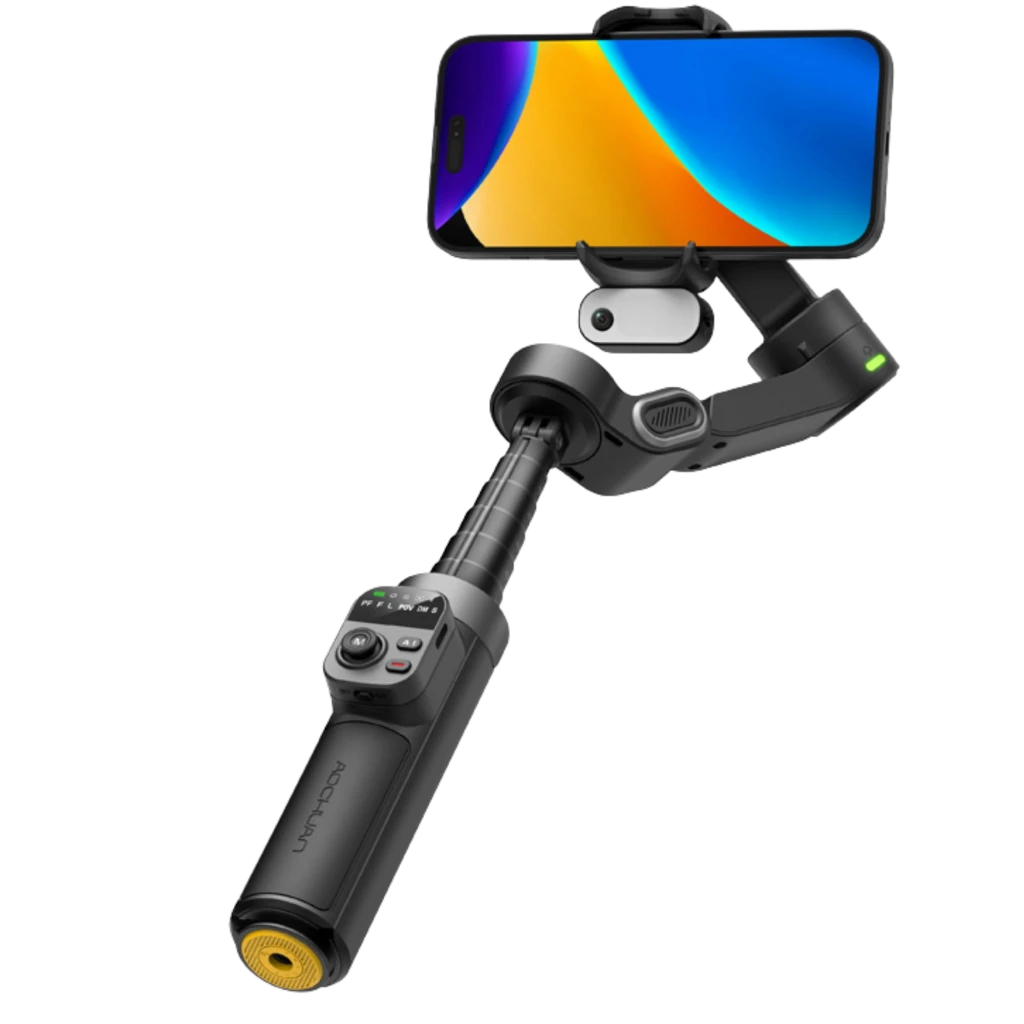 AOCHUAN Smart X3 Gimbal 3 ejes plegable en negro con mango ergonómico, controles integrados, brazo extensible y soporte para smartphone con estabilización