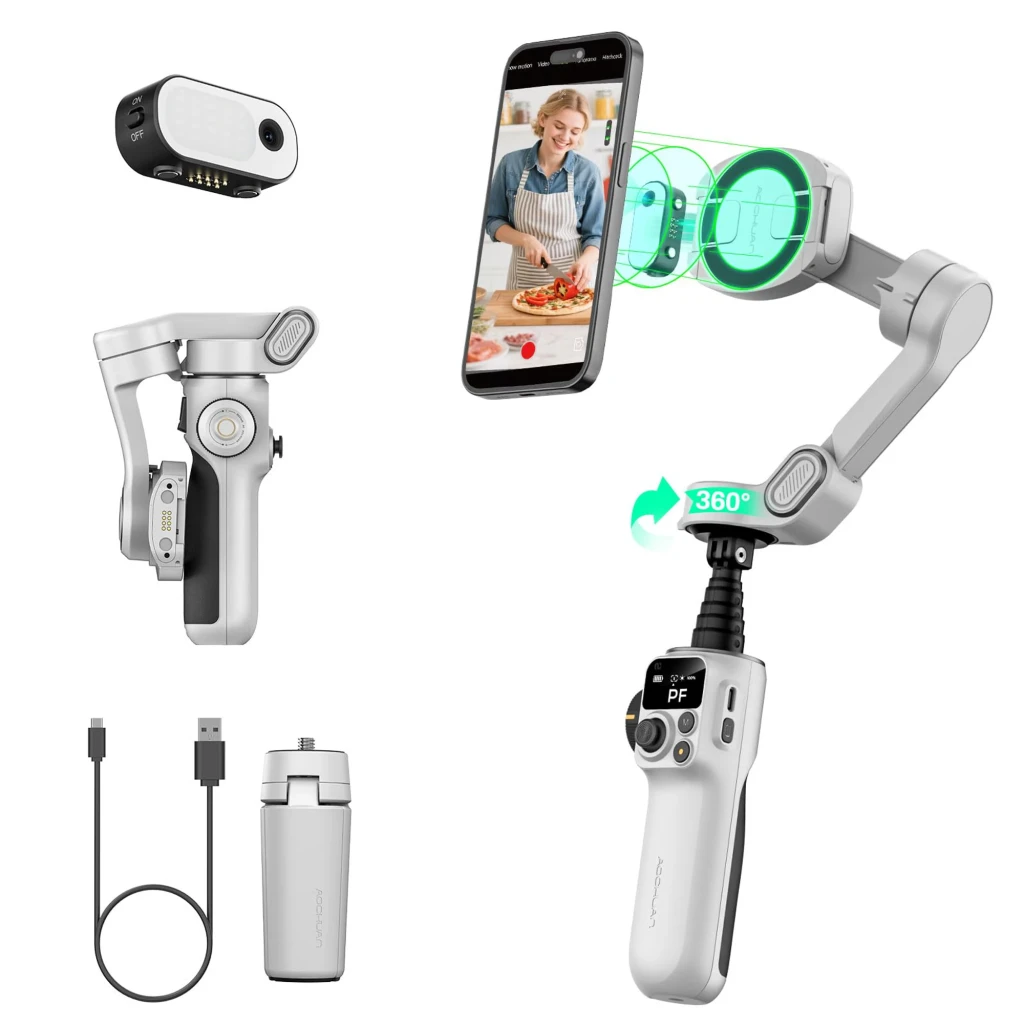 AOCHUAN P2 Gimbal con sensor AI, estabilizador de 3 ejes plegable, rotación 360°, control en mango, soporte para smartphone, batería 6-7 h, incluye cable y