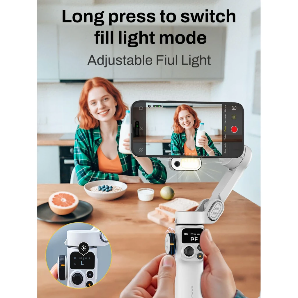 AOCHUAN P2 Gimbal con sensor AI, estabilizador de 3 ejes plegable, luz de relleno ajustable, pantalla y controles integrados, sujeción para smartphone