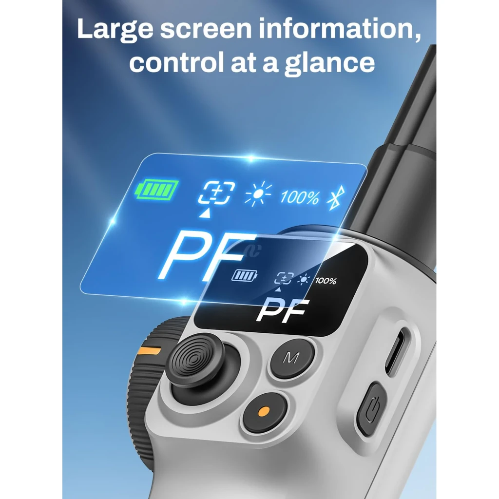 AOCHUAN P2 Gimbal con pantalla grande, indicador PF, batería al 100%, botones y dial laterales; control preciso y lectura rápida, diseño plegable 3 ejes