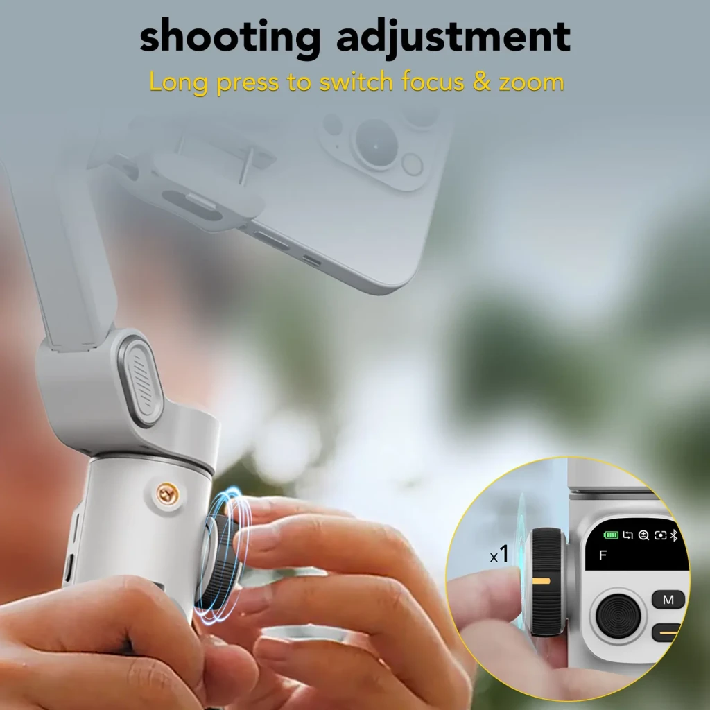 AOCHUAN P2 Gimbal con sensor AI: dial lateral para enfoque y zoom, indicador en pantalla, agarre ergonómico y brazo plegable de 3 ejes, 6-7 h de uso