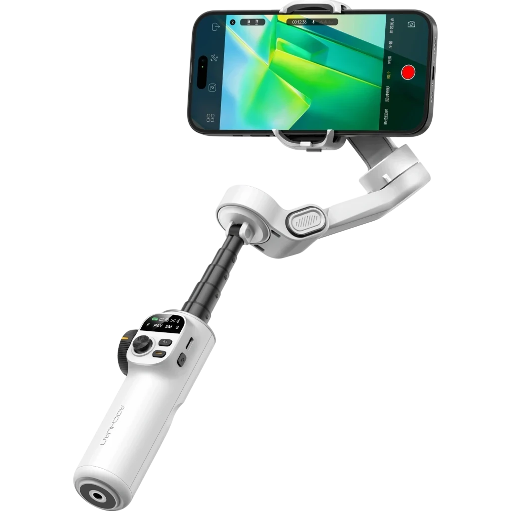 AOCHUAN P2 Gimbal con sensor AI, estabilizador de 3 ejes plegable en color blanco, agarre ergonómico, controles integrados y soporte para smartphone horizontal