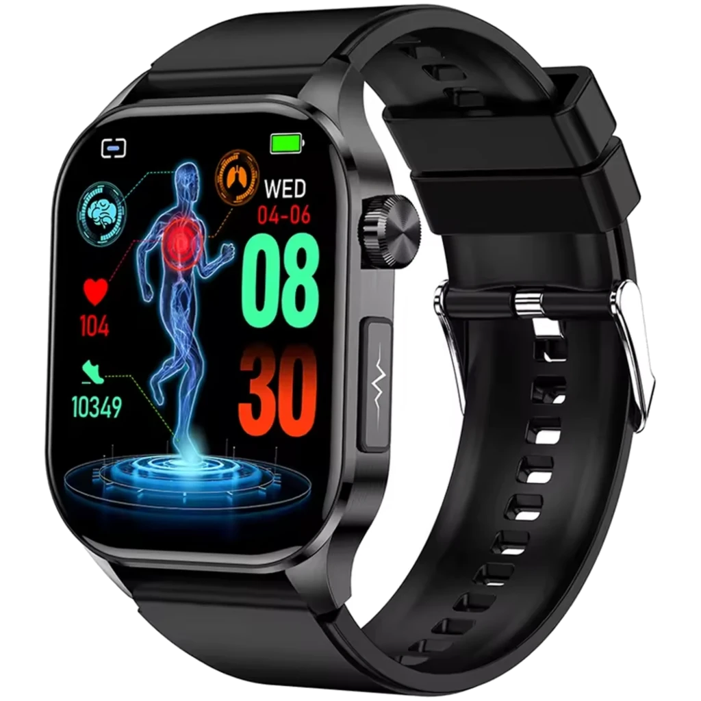 ET580 Smartwatch 2.04 pulgadas AMOLED, pantalla colorida con iconos de salud, caja negra metálica, corona lateral, correa de silicona negra, diseño IP67
