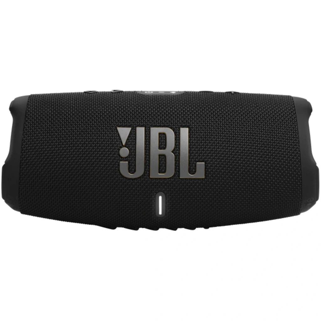 Caixa de som JBL Charge 5 Wi-Fi preta, corpo cilíndrico com tecido antiderrapante, logo JBL em destaque, barra de LED frontal e laterais emborrachadas