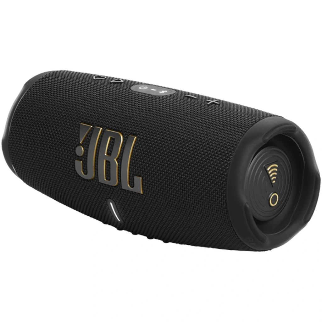 Altavoz JBL Charge 5 Wi-Fi 40 W Bluetooth, cilindro negro con logo JBL dorado, botones superiores y radiadores laterales; diseño robusto IP67 portátil