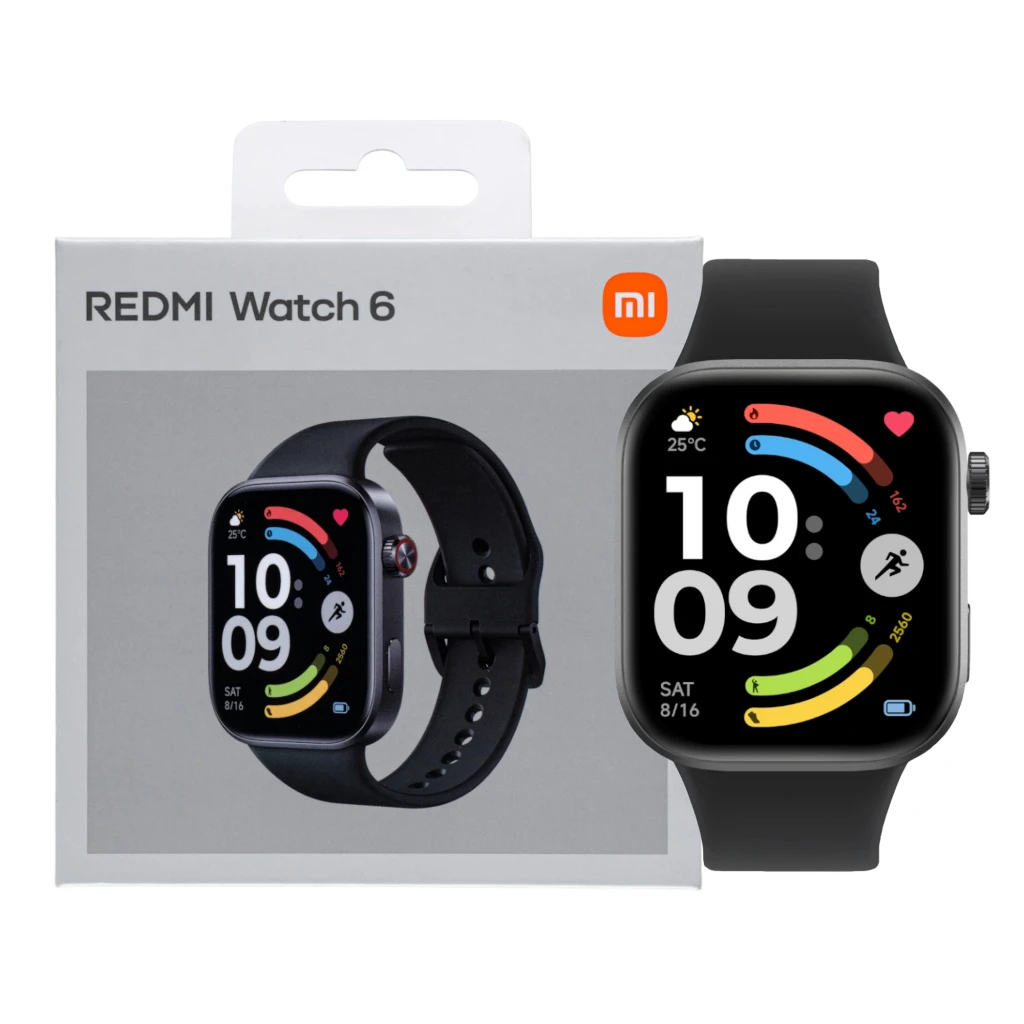 Xiaomi Redmi Watch 6 negro con pantalla AMOLED 2.07 pulgadas, correa de silicona, bisel curvo, interfaz colorida; caja con imagen del reloj incluida