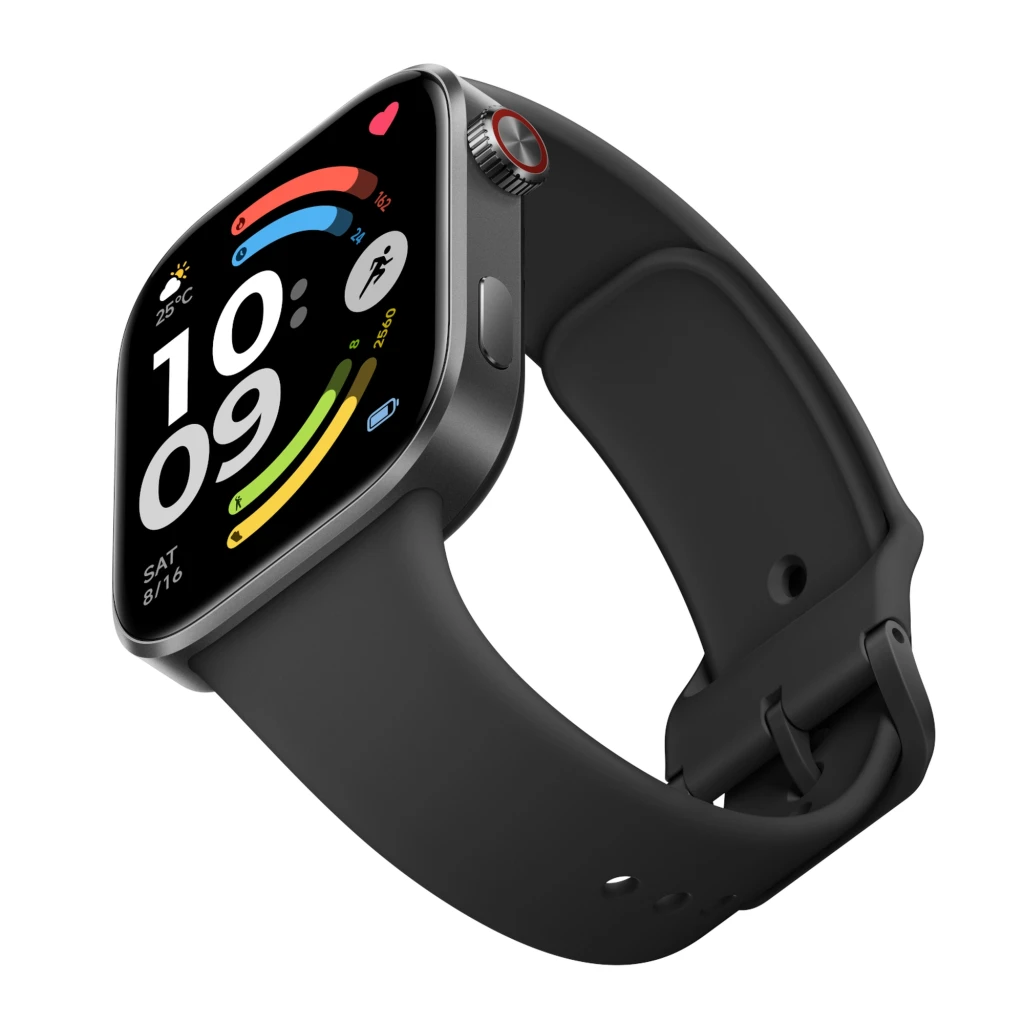 Xiaomi Redmi Watch 6 negro con pantalla AMOLED 2.07, caja metálica gris, corona lateral roja y correa de silicona; diseño curvo y bordes delgados
