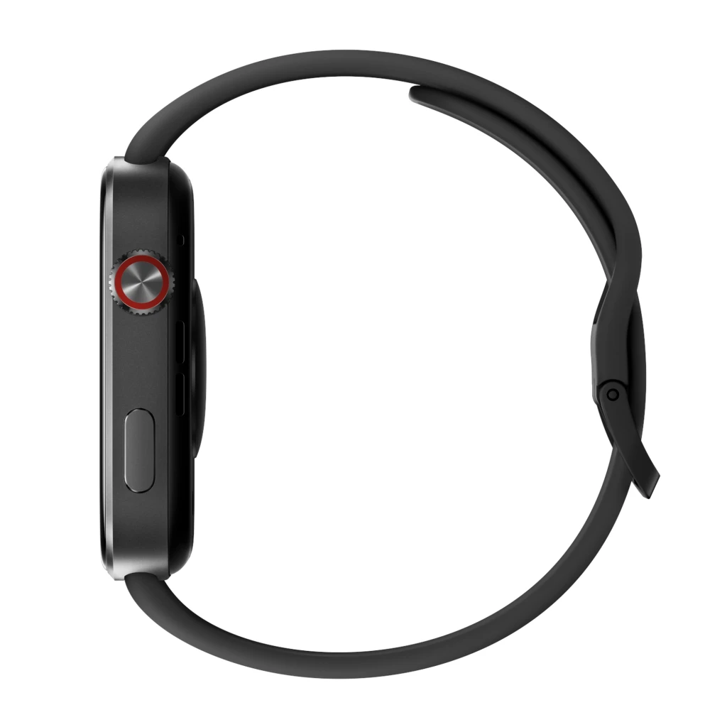 Xiaomi Redmi Watch 6 negro visto de perfil, caja metálica delgada, corona con aro rojo, botón lateral, correa de silicona curva y cierre clásico