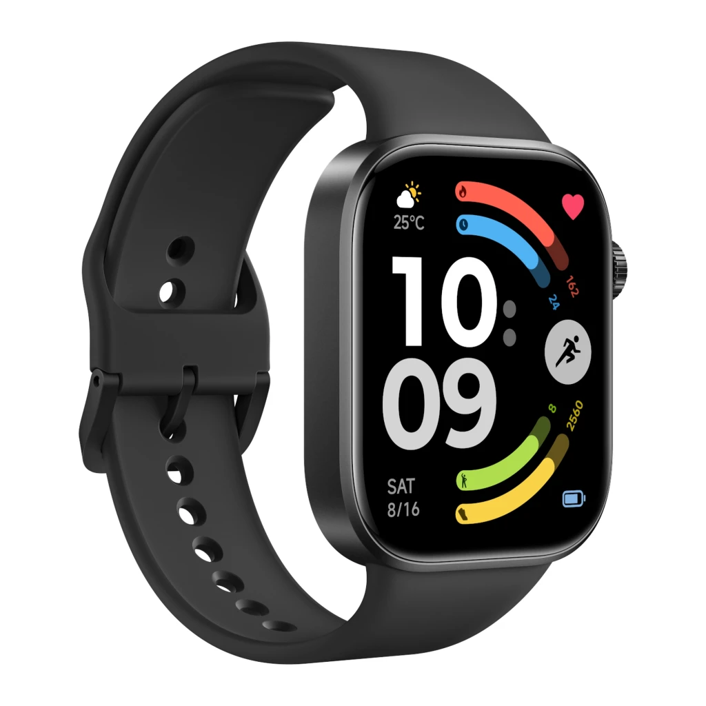 Reloj inteligente negro con pantalla AMOLED 2.07, bisel curvo, correa de silicona, esfera colorida con estadísticas fitness, fecha, clima y batería visible