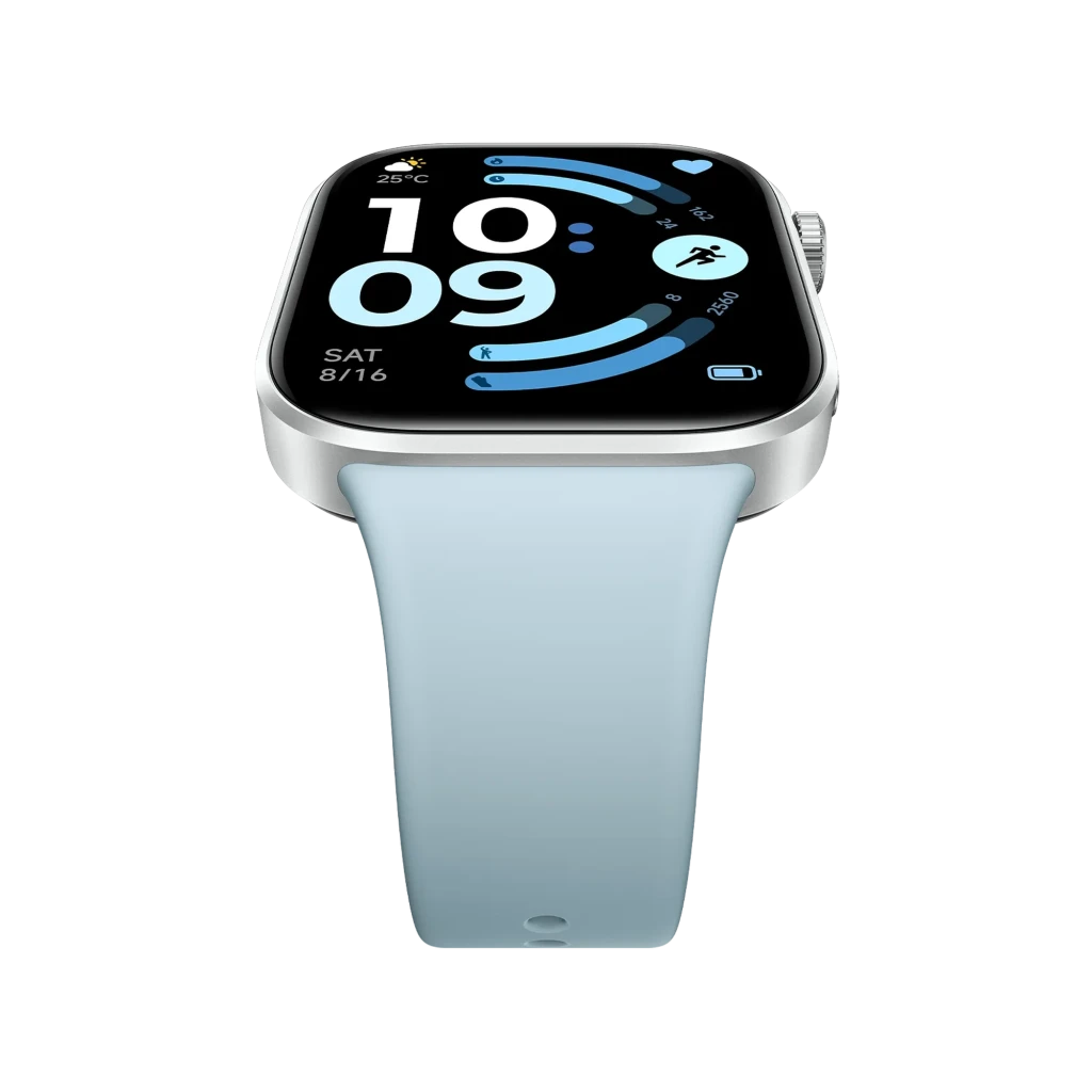 Reloj Xiaomi Redmi Watch 6 con pantalla AMOLED 2.07, caja plateada y correa Azul Glaciar; diseño rectangular, bordes curvos y bisel fino