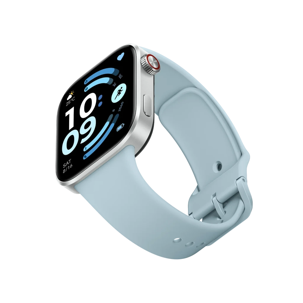 Xiaomi Redmi Watch 6 azul glaciar con pantalla AMOLED 2.07, caja plateada y correa de silicona suave; diseño rectangular con bordes curvos y botón lateral