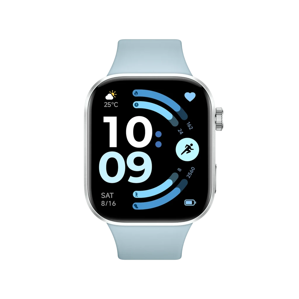 Xiaomi Redmi Watch 6 azul glaciar con pantalla AMOLED 2.07, bisel metálico plateado y correa de silicona clara; esfera con widgets de actividad y clima