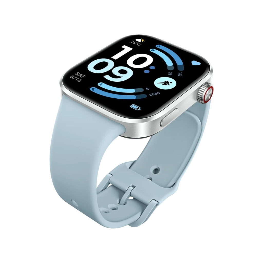 Xiaomi Redmi Watch 6 azul glaciar con pantalla AMOLED 2.07 bordes curvos, bisel metalizado plateado, corona roja y correa de silicona ajustable